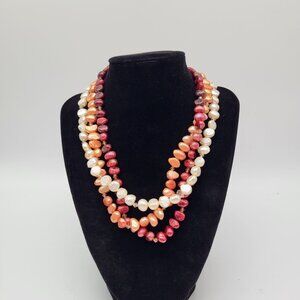 VTG 14/20 Gold Filled Clasp 3 Strand Red Peach Cream Pearl Statement Necklace